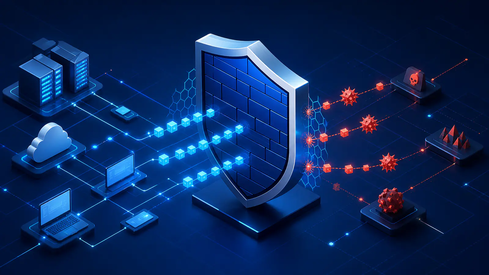 ?ki a? segmenti aras?nda tehditleri engelleyen kurumsal firewall kalkan? ill?strasyonu
