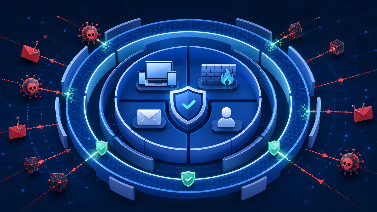 Endpoint, firewall, e-posta ve kullan?c?y? koruyan ?ok katmanl? siber g?venlik ill?strasyonu