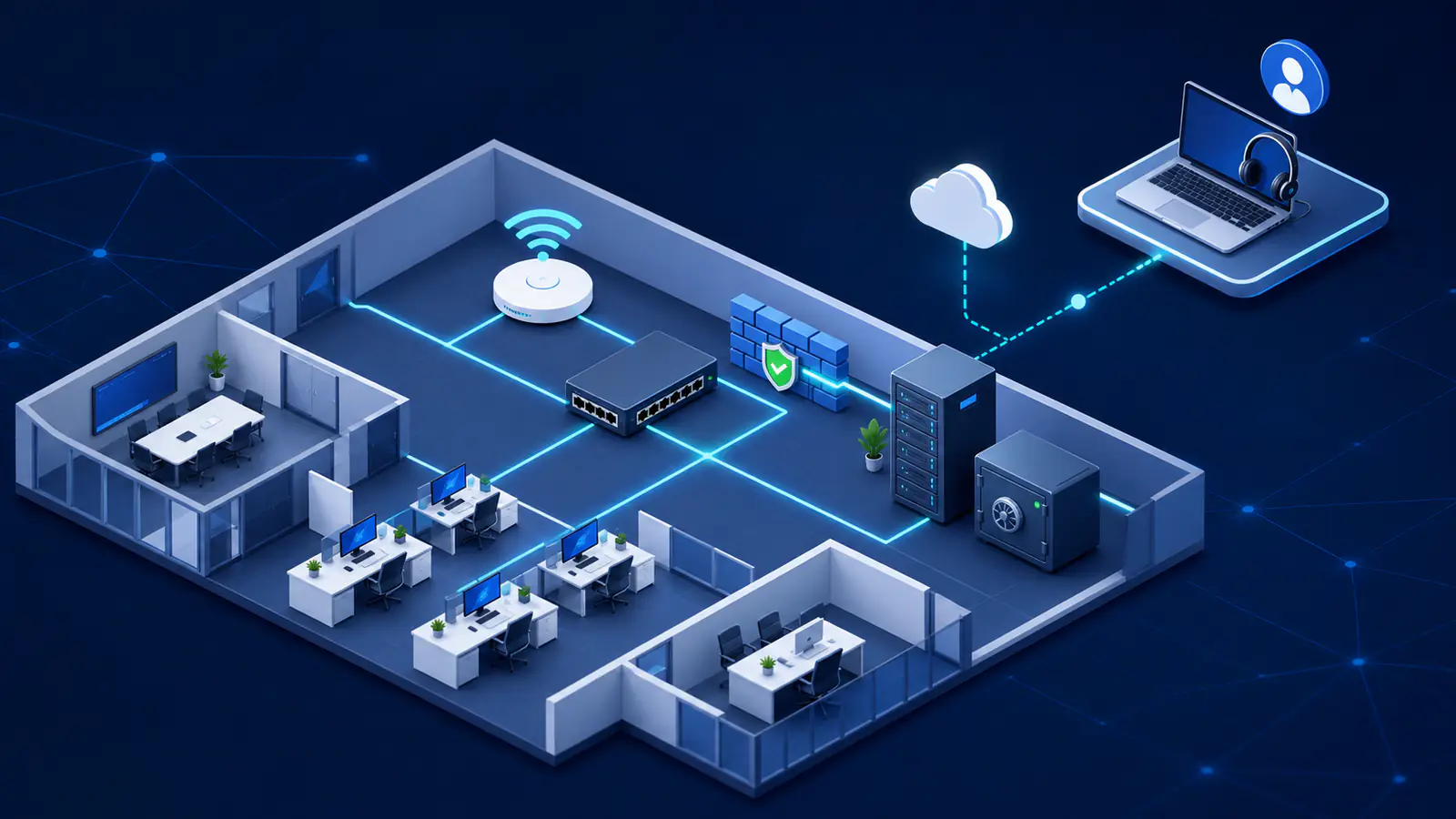 KOB? i?in firewall, switch, Wi-Fi, sunucu, yedek ve teknik destek mimarisi ill?strasyonu