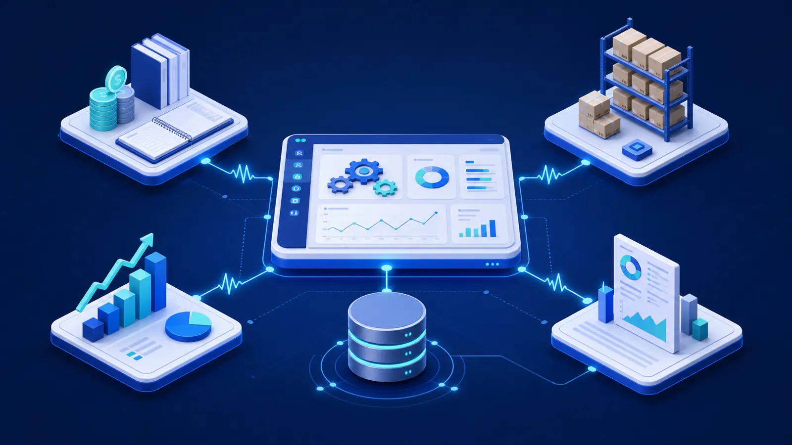 ERP dashboard, veritaban?, finans, stok, sat?? ve raporlama s?re?leri ill?strasyonu