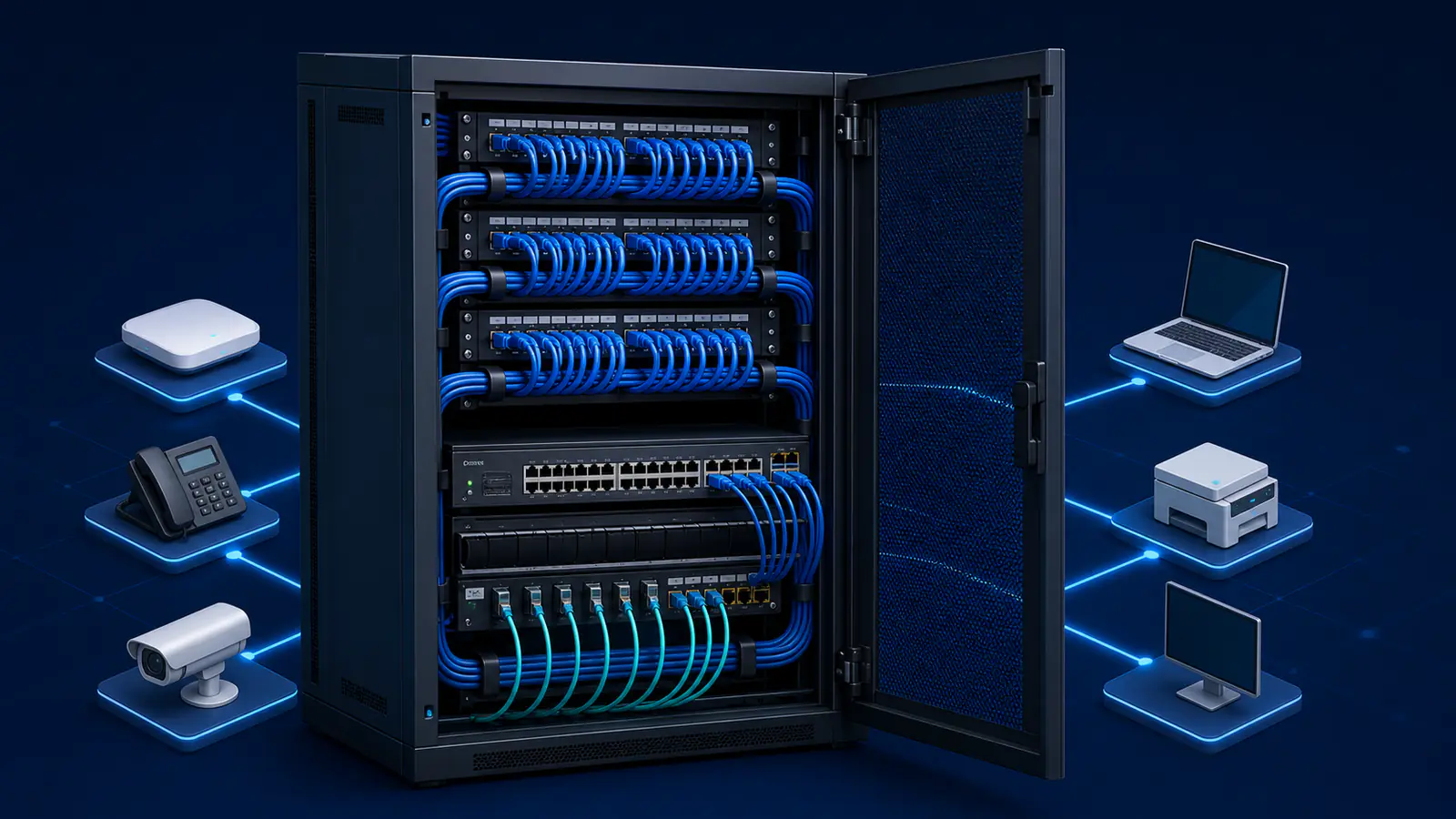 Rack kabinet, patch panel, switch ve d?zenli a? kablolar? ill?strasyonu